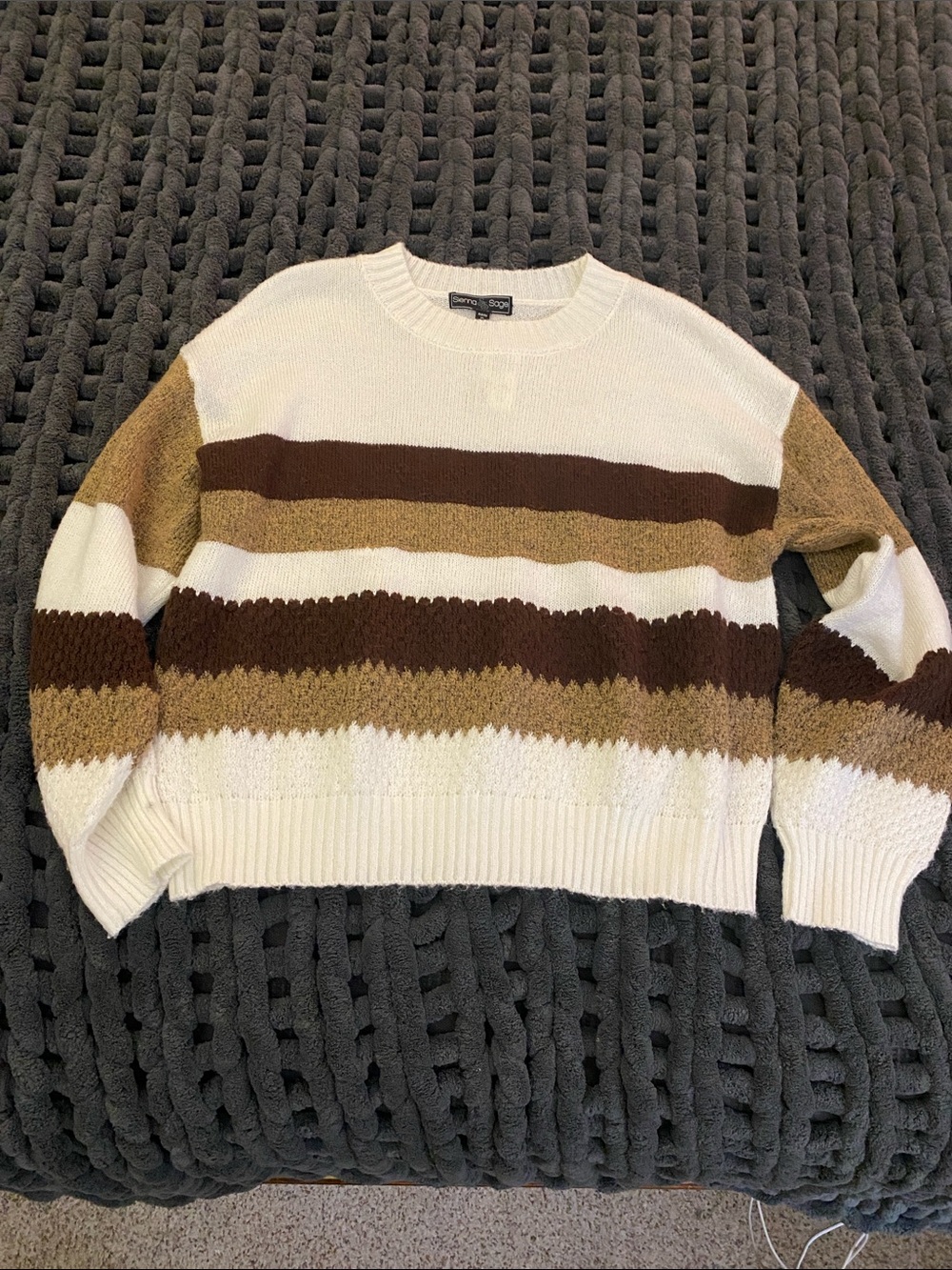 Striped Crewneck Sweater in White, Brown & Tan — Women’s Knit